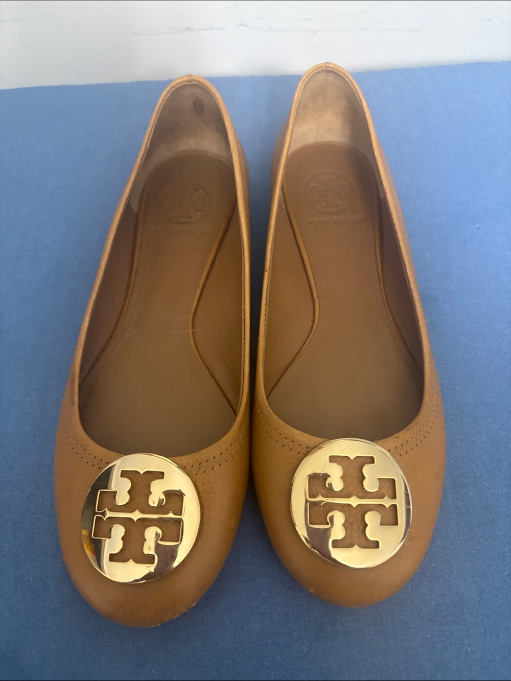 Tory Burch Cognac Leather Logo Ballet Flats with Gold Medallions
